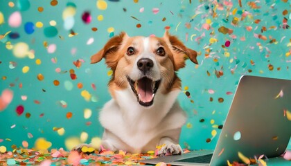 Wall Mural - excited happy dog with laptop and colorful confetti popper falling on pastel turquoise background