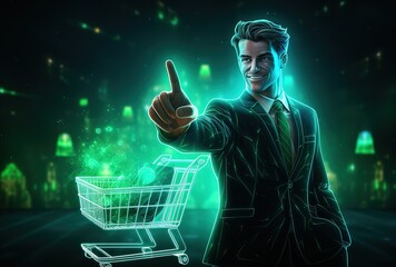 Poster - Digital shopping experience: a cart filled with glowing, colorful virtual goods representing the online shopping experience