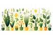 Flowers in pots home plants flat illustration banner green leaves yellow flowers botanical spring floral design ceramic flowerpots