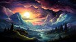 Majestic Milky Way Parallels Mountains Behind, Background Banner HD, Illustrations , Cartoon style