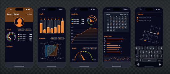 This image shows the concept of a mobile app for online services such as banking and shopping. Modern smartphone layout, easy to interact with various functions.