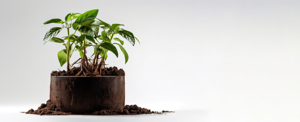 House plant transplantation ceramic pot, ground, light grey background banner, copy space green leaves little tree going