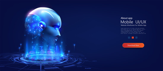 Technology and engineering concept. Artificial intelligence in humanoid head with neural network thinks, data mining, deep learning, modern computer technologies. Vector illustration