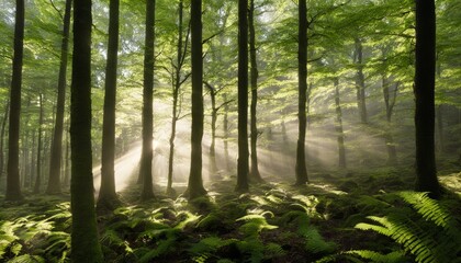 Wall Mural - A forest with sunlight shining through the trees