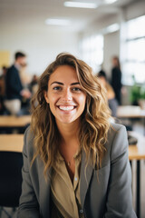 smiling businesswoman or corporate employee in the meeting.