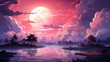 Pink Sunset Clouds Sky Full Moon, Background Banner HD, Illustrations , Cartoon style