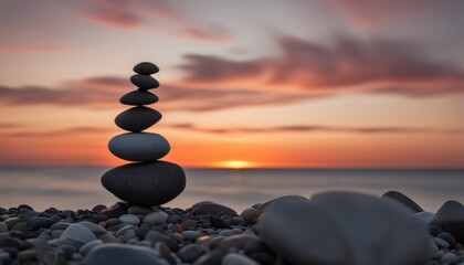 Wall Mural - A stack of rocks on the beach at sunset