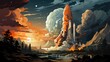 Successful Space Shuttle Rocket Launch Smoke, Background Banner HD, Illustrations , Cartoon style