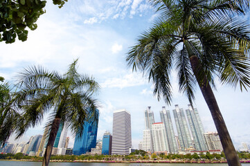 Sticker - Bangkok. View from Benjakiti park on the city towers.