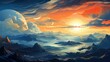 Yellow Blue Dawn Over Clouds Concept, Background Banner HD, Illustrations , Cartoon style