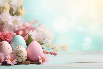 Canvas Print - easter eggs and flowers on a wooden background