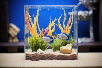 Wall Mural - angelfish duo near a coral reef model in a tank