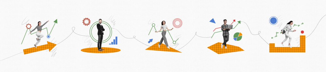 Poster - 3d magazine collage image of purposeful working people achieving success isolated white color background