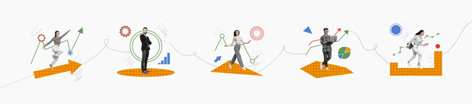 3d magazine collage image of purposeful working people achieving success isolated white color background