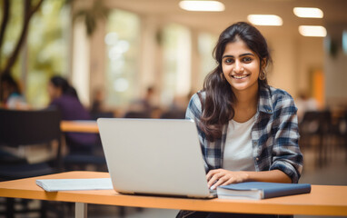 Canvas Print - young indian female student studying on laptop