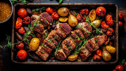 Wall Mural - Savor the moment, Top view of succulent baked pork with fresh vegetables in a dark baking dish