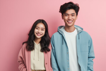 Smiling Asian young adult couple in trendy pastel hoodies, standing confidently against a pink background, showcasing contemporary fashion and happiness