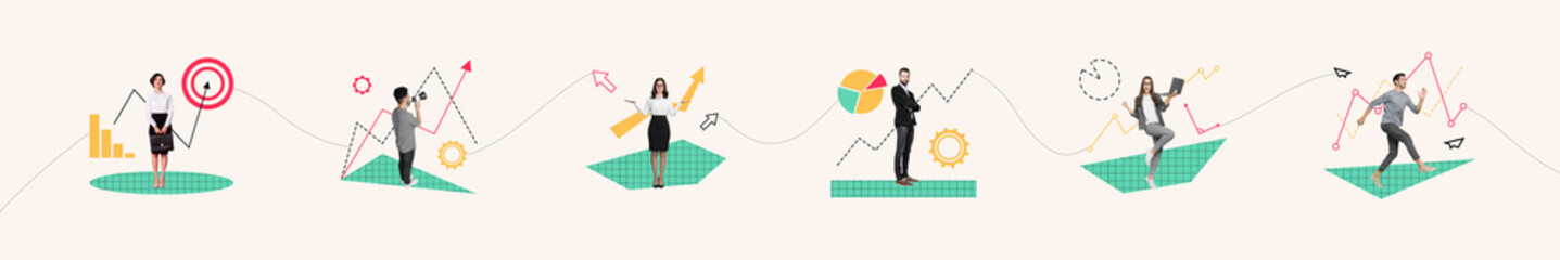 Poster - Photo collage artwork minimal picture of purposeful coworkers achieving success together isolated beige color background