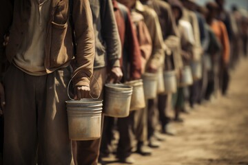 Wall Mural - Hungry people, holding containers, waiting for free food in long line, great depression concept Generative AI 