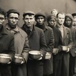 Hungry people, holding containers, waiting for free food in long line, great depression concept Generative AI 