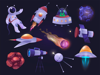 Poster - Cosmos characters and spacecrafts, isolated astronaut in costume floating in space. Vector ufo, saucer with alien, meteor with fire and comet, telescope and satellite, galaxy exploration
