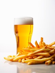 Wall Mural - Glass of lager beer and french fries on white background.