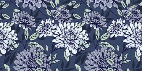  Creative artistic blooming flowers branches and leaves seamless pattern. Vector hand drawn. Abstract stylized dark blue floral print. Design for textile, fashion, surface design, fabric