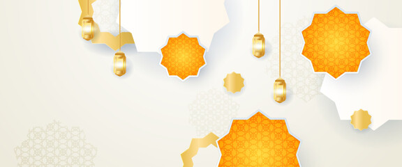 Wall Mural - White and gold vector banner template for islamic ramadan celebration with ornaments. Ramadan Kareem background for print, poster, cover, brochure, flyer, banner.