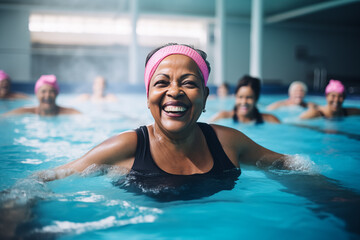 A smiling, joyful, elderly Afro woman with a bright pink headband and a black one-piece swimsuit is doing gymnastic exercises in the pool with a group of women of all ages.