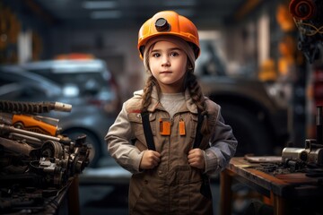 Poster - Engineer child girl car assembly shop. Vehicle repair. Generate AI