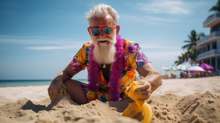 old person on beach playing with the sand