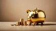 A golden piggy bank against a neutral background, representing savings and financial growth. Copy space.
