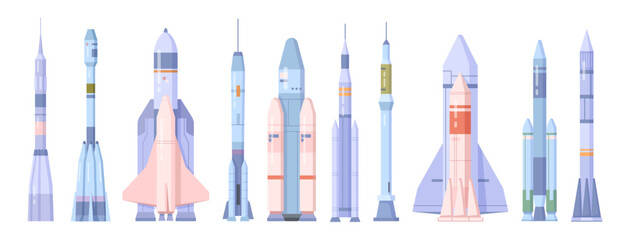 Poster - Space ships and shuttles launching for space. Vector isolated rockets going on missions to explore galaxy and universe. Scientific discovery and cosmos exploration. Technology advancement