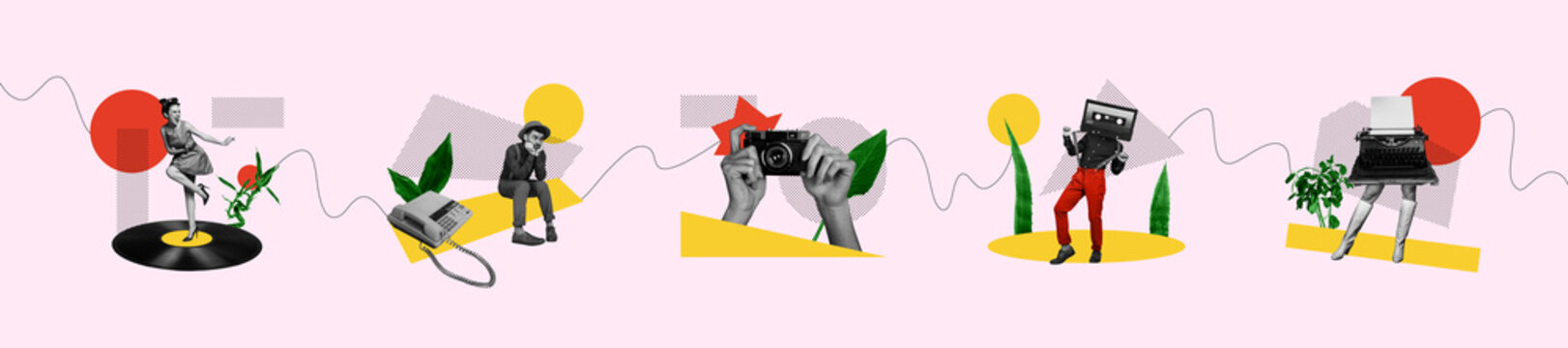 Collage artwork graphics picture of people enjoying vintage obsolete devices isolated pink color background