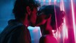 Side view of young man and woman kissing each other with closed eyes while standing in dark room with neon illumination