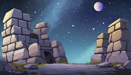 Poster - stone ruins space stars game background illustration