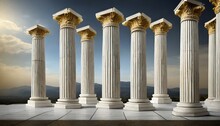 Six Marble Pillars Columns Ancient Greek On Background