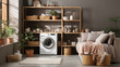 Laundry room interior with modern washing machine and wicker basket