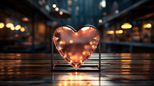 Cozy Background With Glass Heart On Dark Background With Bokeh.