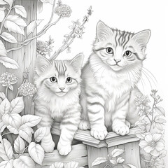 Poster - tall garden playful mature cats adult coloring book cats high definition black white