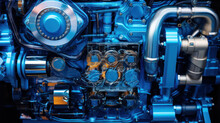 Power In Detail, Close-Up Of A Blue Hybrid Engine - A Technological Marvel In Captivating.