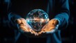 Ethical AI Development and Use. Balance of technology and humanity in ethical AI development. Human hands holding transparent, glowing orb representing an AI brain