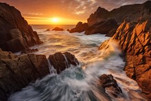 Capture the beauty of a rugged coastline at sunset. Use a Sony α7 III camera with a 100mm lens and F 1.2 aperture setting to isolate the subject and create a dreamlike atmosphere. Generative AI
