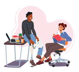 Poster - Disabled Man With A Leg Prosthesis Engages In A Friendly Conversation With A Colleague In The Bustling Office