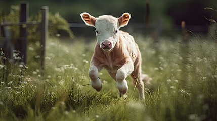 Wall Mural - Illustration of a red cow in the wild