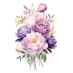 Poster - soft neutral pink purple watercolour peonies arrangement boho floral white isolated background