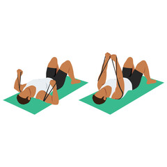 Wall Mural - Man doing banded lying chest press from floor with yoga fitness mat. Flat vector illustration isolated on white background