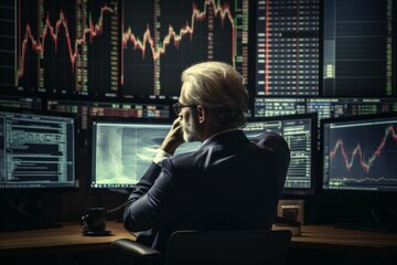 Poster - Patient Investor watching online. Online trade market. Fictional person. Generate Ai