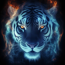 The Head Of A Ferocious Tiger In Blue Flames, On A Black Background