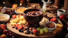 Chocolate Fondue Pot With Various Fruits And Treats Surrounding It For Dipping In The Melted Chocolate.